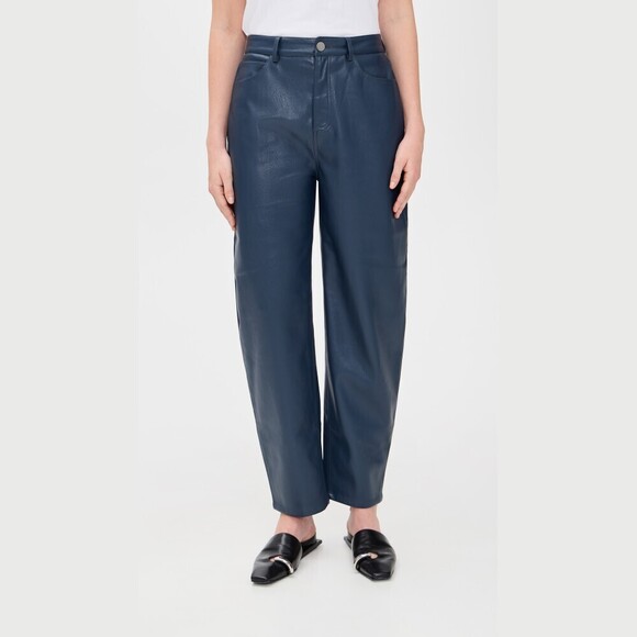 Pants - Navy Faux Leather High Rise Barrel Leg Pants